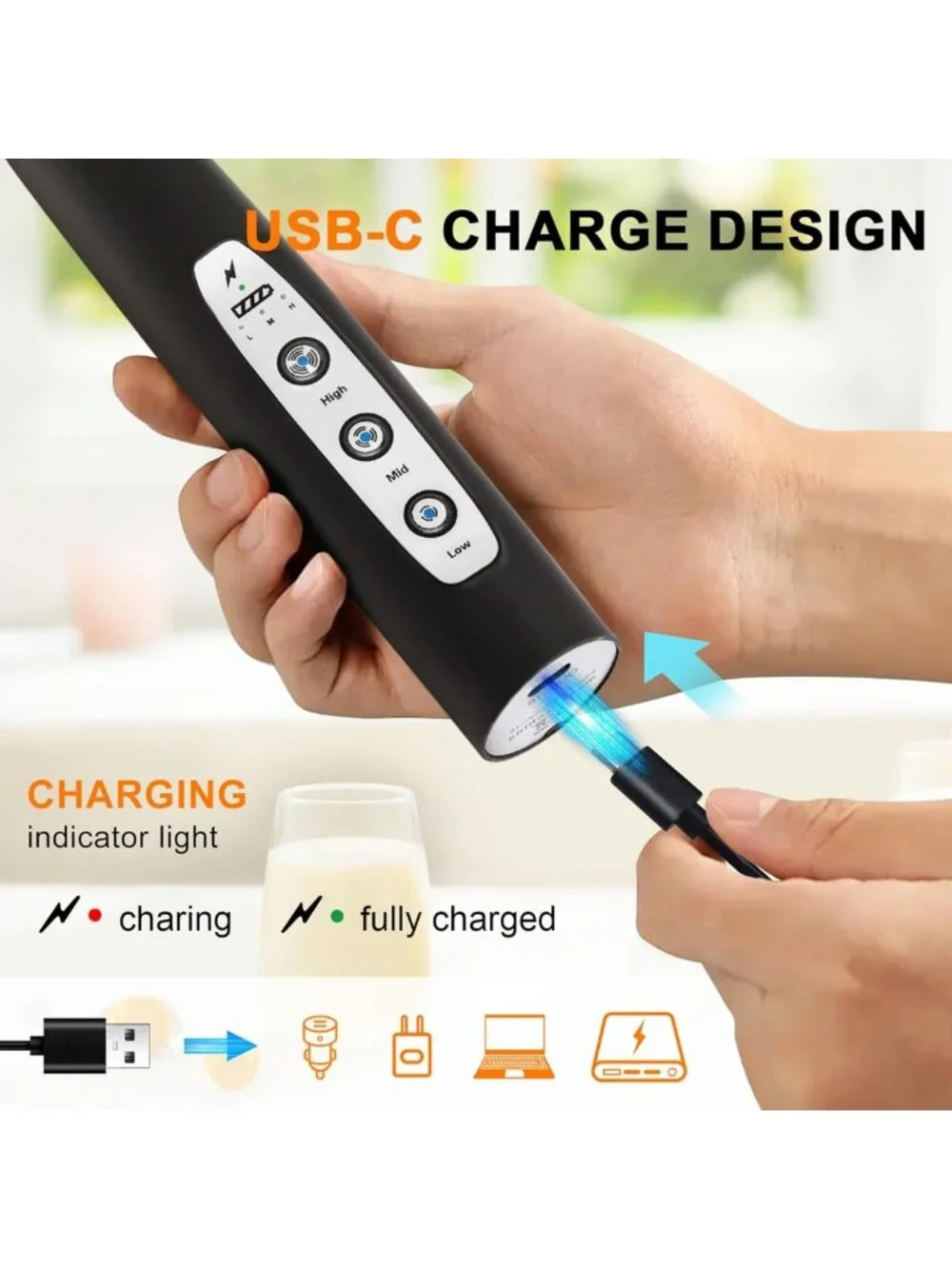 Rechargeable Black Handheld Milk Frother Wand - 3 Speeds, 3 Heads for Coffee